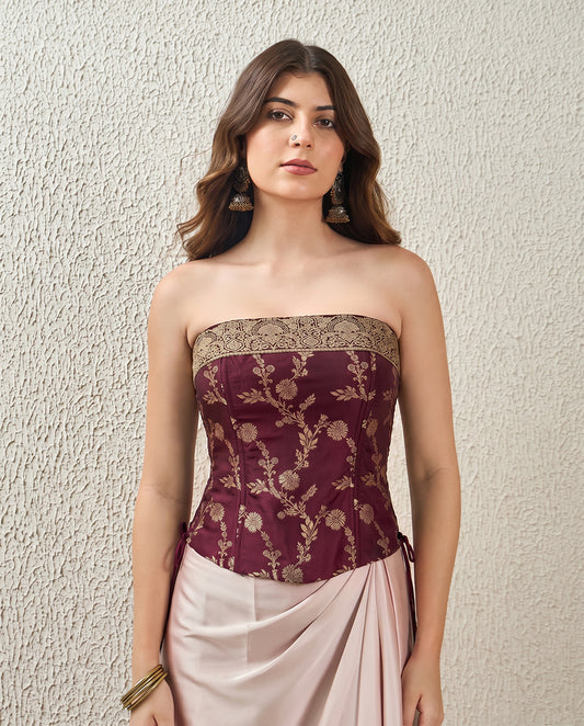 Burgundy Floral Brocade Strapless Corset Top