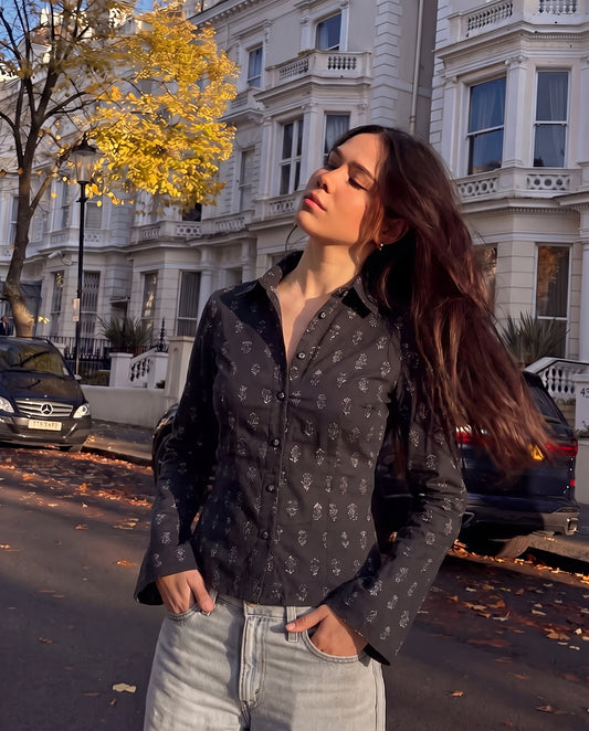 Floral Print Flared Sleeve Fitted Shirt