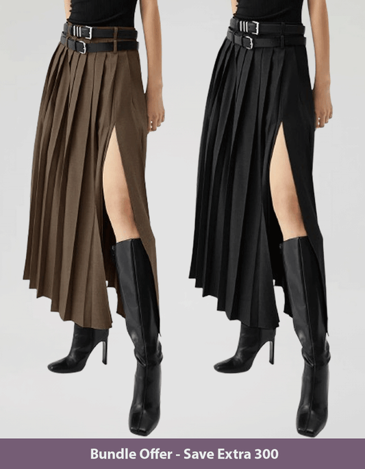Set Of Two Pleated Split Skirts With Detachable Belts