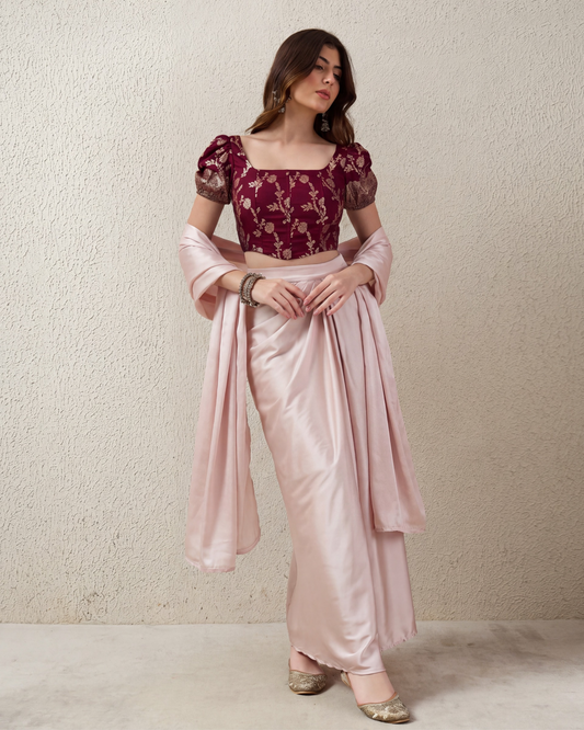 Maroon Banarasi Corset Top & Satin Skirt Coord Set
