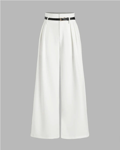 White Pleated Pants With Belt