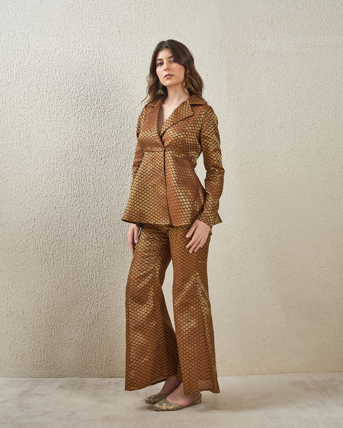 coord sets,bottomwear, topwear,ethnic, party,festive, glam, indo western, minimal, summer,woven,brocade,banarasi brocade,brown,damask,flounce,button,regular fit top,fit and flare,longline top,flared hem,lapel collar,set in sleeve,long sleeves,button up,pants,bell bottom pants,full length,flared hem,mid rise waist, OY2096, 25070055GG