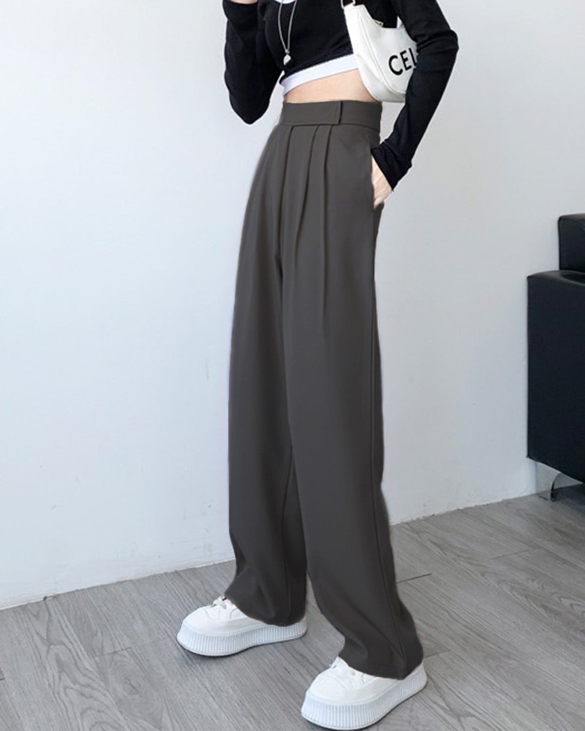 OVERLAP WAISTBAND PLEATED PANTS,Color: Dark Grey
Fabric: 95% poly 5% spandex
Fit: Straight Fit 
Length: Full Length (41")
Waist: High Rise 
Closure: Zip & Hook
No. of Pockets: 2
Print: Solid,pants,bottomwear,pants,semi-formal,workwear,stretchable,polyester, spandex,dark grey,pleated,straight fit,straight,full length,high rise