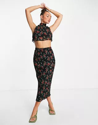 FLORAL PRINT PLEATED CO-ORD SET- CROP TOP