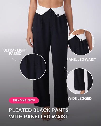 PLEATED PANT,black, bottomwear, casual, full length, high rise, pants, polyester, straight fit, streetwear, summer, wide leg, woven,pleated_pant_black,Color- BlackFabric- PolyesterFit- Relaxed Fit Type- Wide LegLength- Full Length(41in)Waist- High RiseClosure- Zip &amp; ButtonNo. of Pockets- 2Print- SolidDetail- Fabric panel at waist