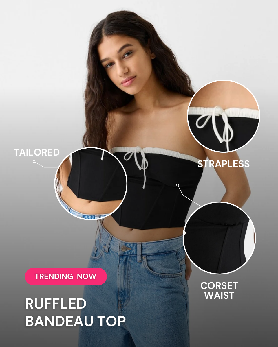 gathered-bandeau-top,RUFFLED BANDEAU TOP,topwear,tops,casual,streetwear,knitted,ribbed,black,solid,gathered,slim fit,bandeau,crop,off shoulder,