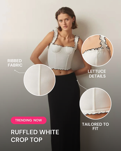 lettuce-edge-crop-top,RUFFLED WHITE CROP TOP,topwear,tops,casual,soft girl,knitted,ribbed,white,solid,contrast,slim fit,crop,crop,lettuce,square neck,shoulder strap,sleeveless