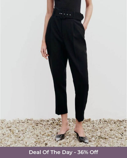 BELTED TAPERED PANTS,black, bottomwear, formal, full length, high rise, pants, polyester, summer, tailored fit, tapered, woven,straight-fit-trouser-with-belt-black,Length - Full length Waist - High-rise waist Fit - Straight fit Color - BlackNo. of Pockets - 2Material - Polyester Length - 43 inch Closure - Zip &amp; hook Detail - Trouser with belt and false welt back pocket24030008AB, OY942B