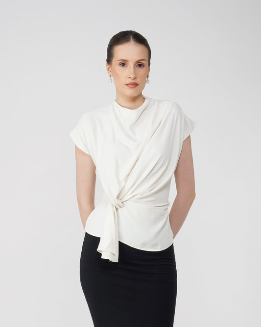 FRONT KNOT REGULAR FIT TOP,casual, drop shoulder, georgette, high neck, regular, relaxed fit, short sleeves, soft girl, solid, summer, tie knot, tops, topwear, white, woven,regular-fit-front-knot-white-top,Neck - High neck Sleeve - Drop sleeve Fit - Regular fit Print/Pattern - Solid Color - White Material - Polyester  Detail - Front side knot detailing