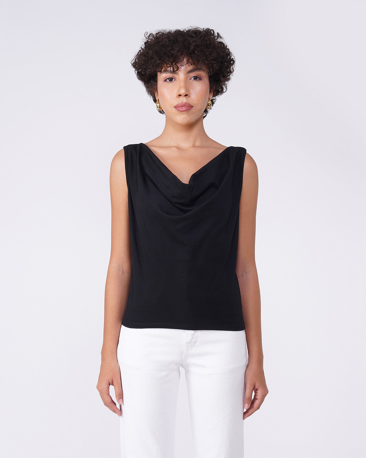cowl-neck-fitted-top-black,COWL NECK FITTED TOP,topwear,tops,casual,streetwear,knitted, stretchable,single jersey,black,solid,slim fit,fitted,regular,cowl neck,sleeveless