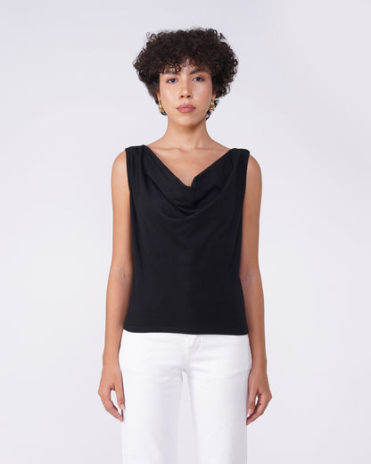 cowl-neck-fitted-top-black,COWL NECK FITTED TOP,topwear,tops,casual,streetwear,knitted, stretchable,single jersey,black,solid,slim fit,fitted,regular,cowl neck,sleeveless