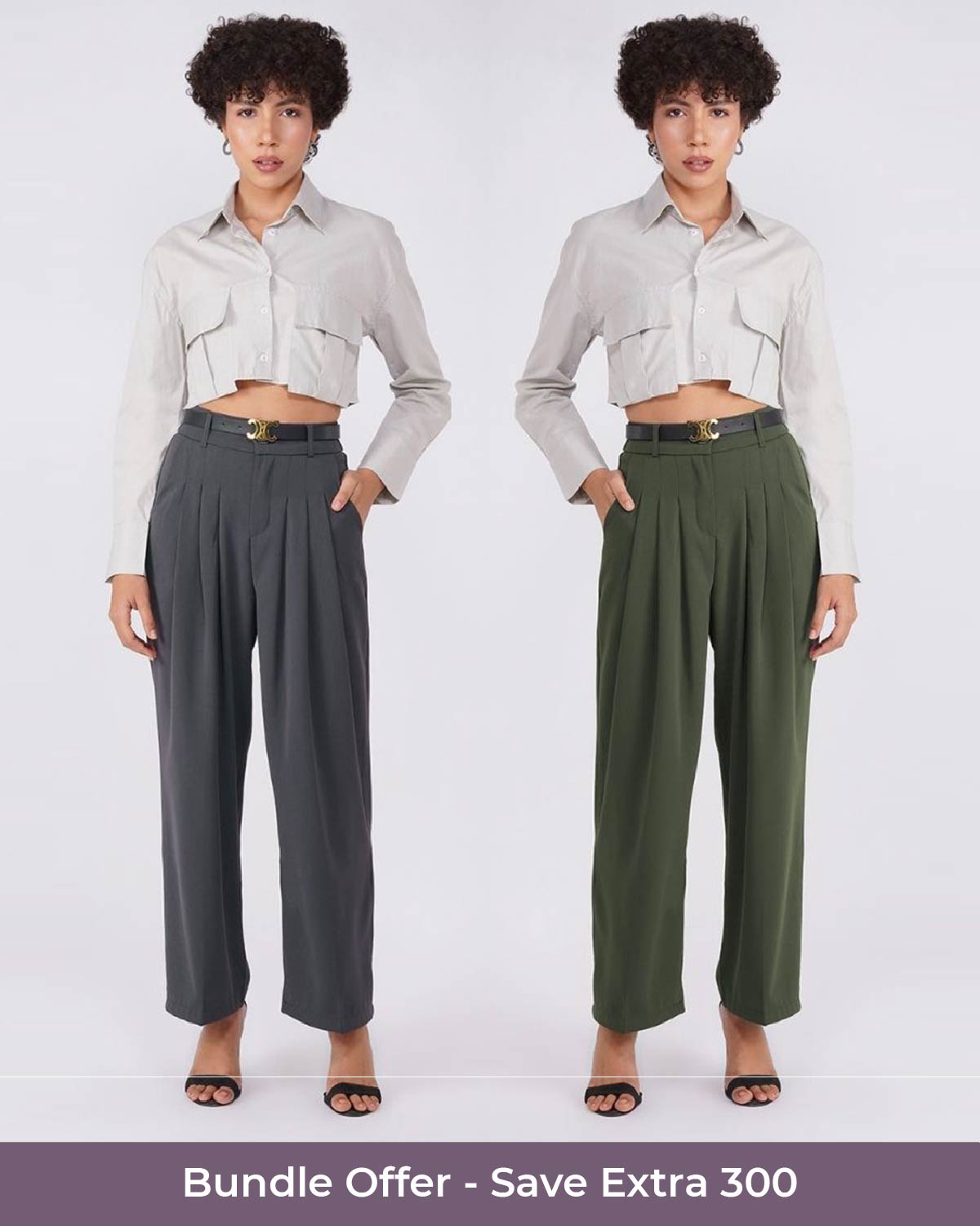 Pant 1 Color: OliveFabric: Moss CrepeFit: Relaxed FitLength: 41 inches waist: High RiseClosure: Zip & ButtonNo. of Pockets: 2Print: SolidDetail: PleatedPant 2Color: GreyFabric: Moss CrepeFit: Relaxed FitLength: 40 inches Waist: High RiseClosure: Zip & ButtonNo. of Pockets: 2Print: SolidDetail: Pleated Wide Leg , 24120003BU