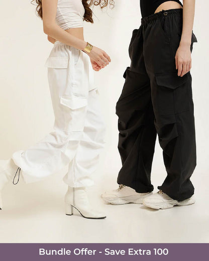 Color: Black Fabric: PolyesterFit: Baggy Fit Length: 39 inchesWaist: 30-36 inches Hem: Adjustable HemClosure: Elasticated with drawstringNo. of Pockets: 4Print: SolidPant 2Color: White Fabric: PolyesterFit: Baggy Fit Length: 40 inchesWaist: 28-34 inches Hem: Adjustable HemClosure: Elasticated with drawstringNo. of Pockets: 4Print: Solid, 24120006BU