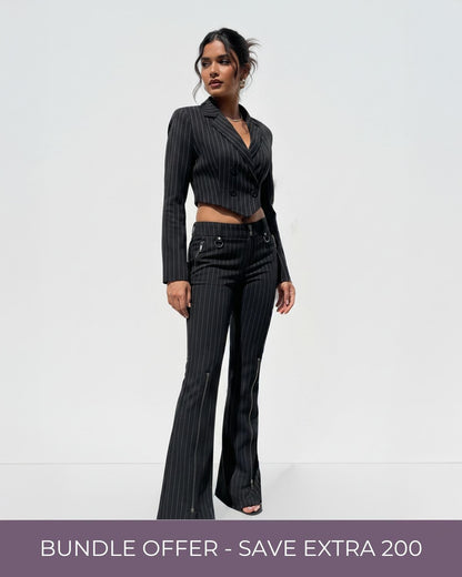 outer wear,blazer,formal, semi-formal,minimal,woven,poly cotton,black,pinstripes,button,tailored fit,cropped blazer,regular,curved,notch collar,long sleeves, bottomwear,pants,casual,streetwear,woven,polly cotton,black,zipper pocket,zipper,straight fit,flared,full length,high rise, 25010047BU