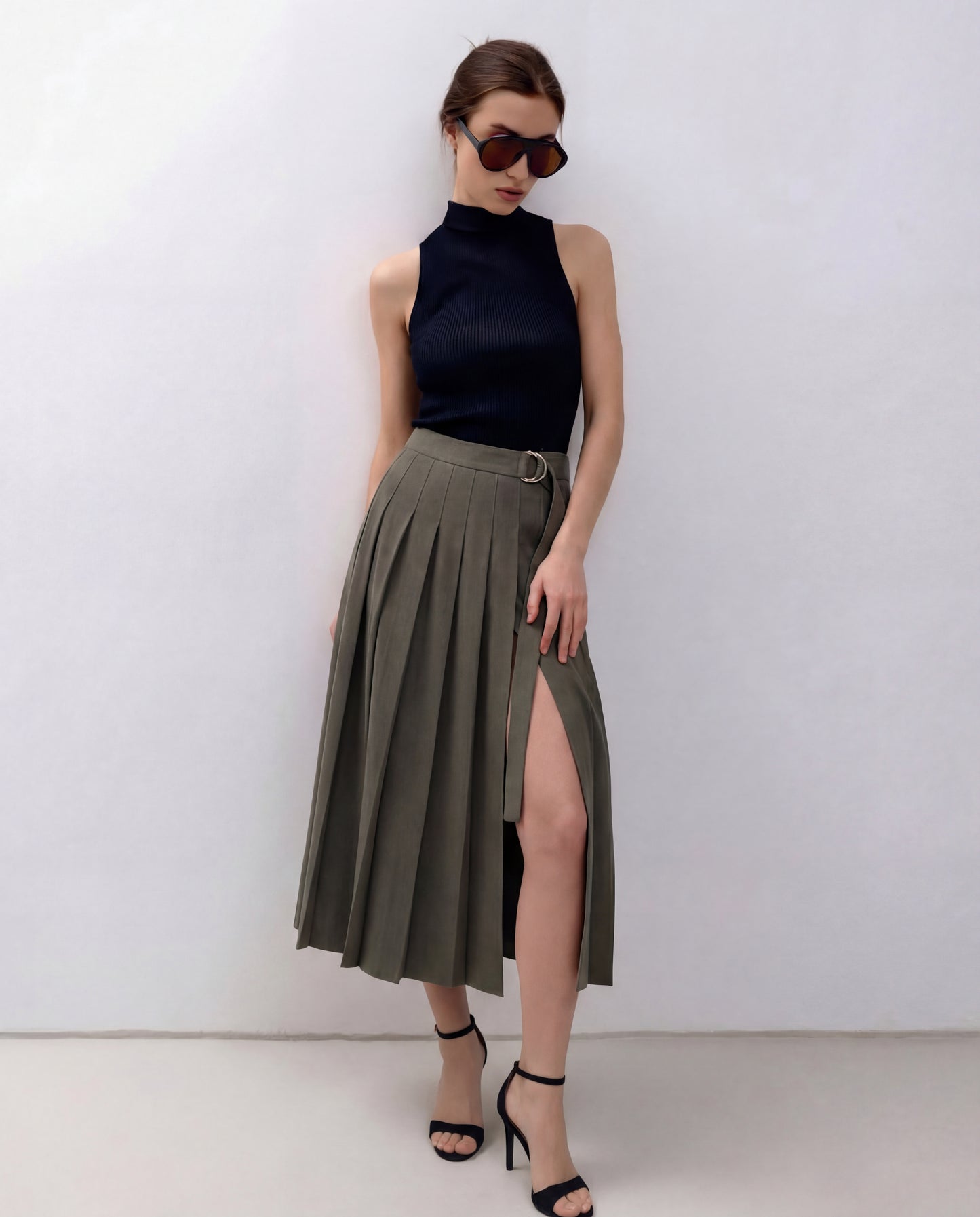 Vintage Pleated Slit Skirt