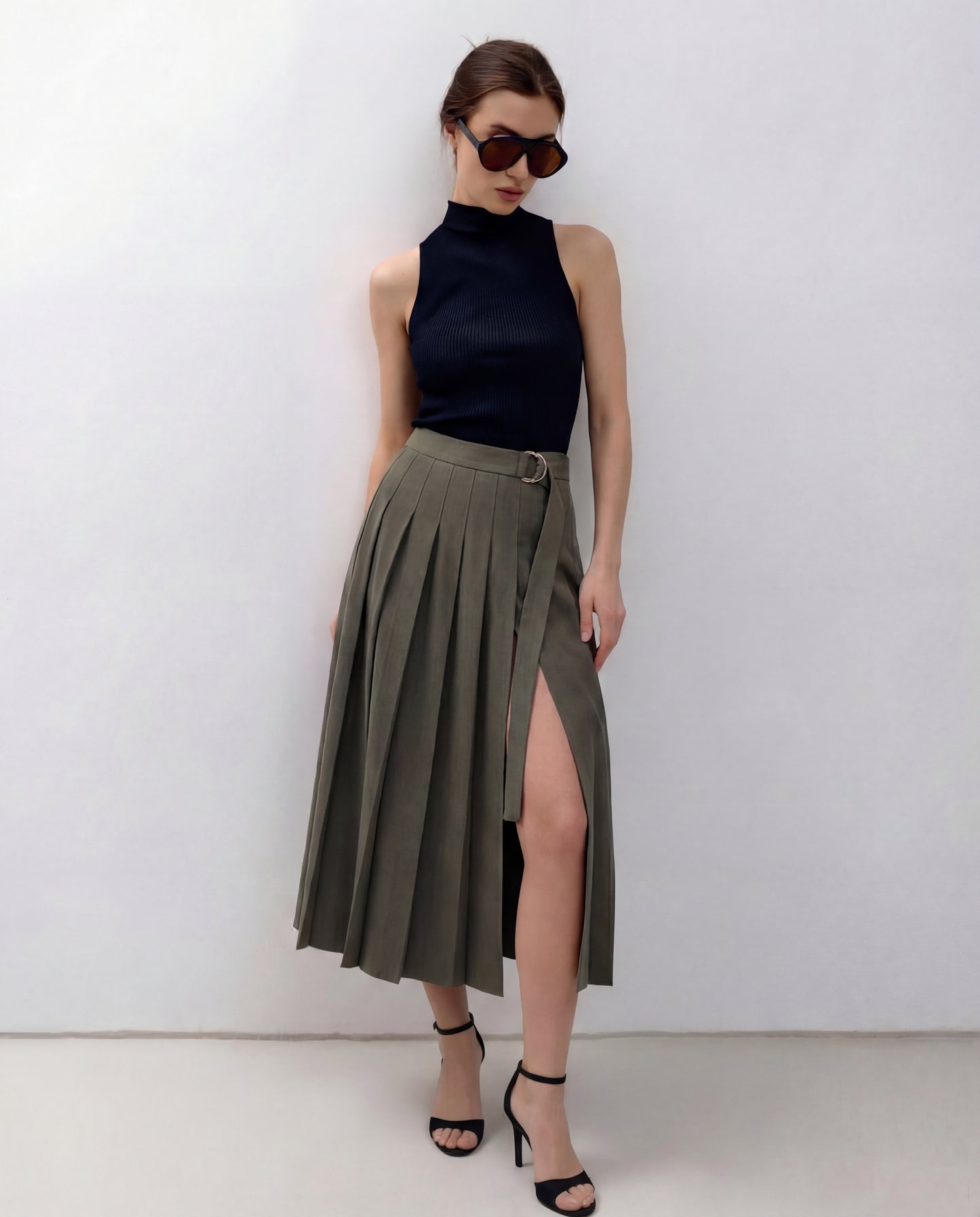 Vintage Pleated Slit Skirt