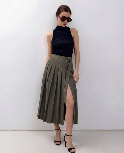 Vintage Pleated Slit Skirt
