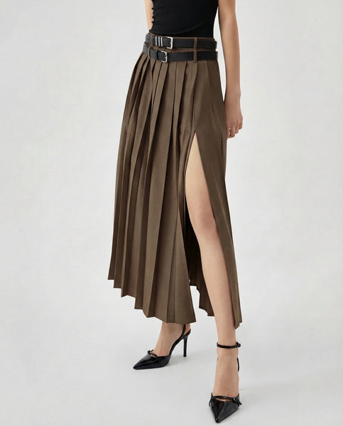 Brown Pleated Split Skirt With Two Detachable Belts