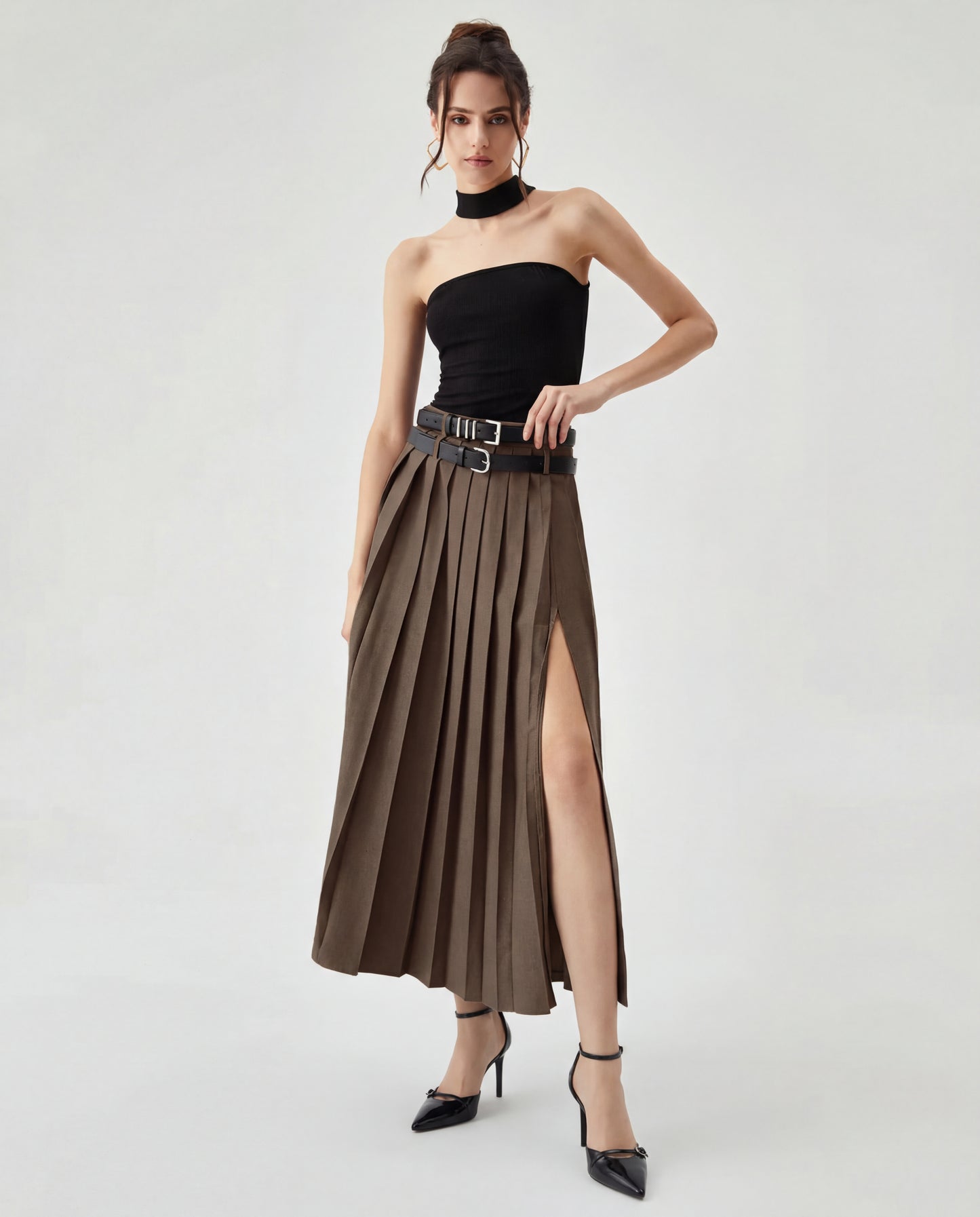 Brown Pleated Split Skirt With Two Detachable Belts