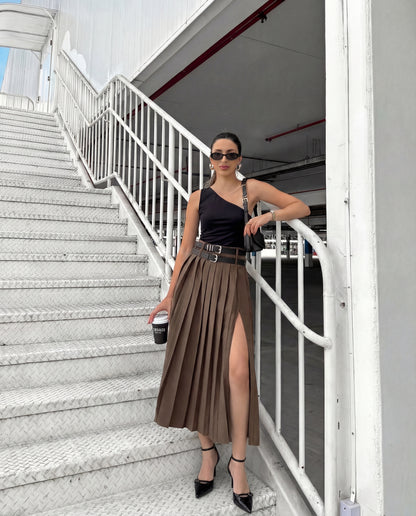 Brown Pleated Split Skirt With Two Detachable Belts
