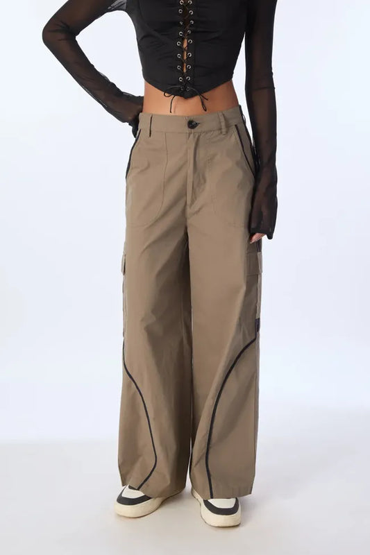 Curved Stripe Baggy Fit Brown Cargo Pants