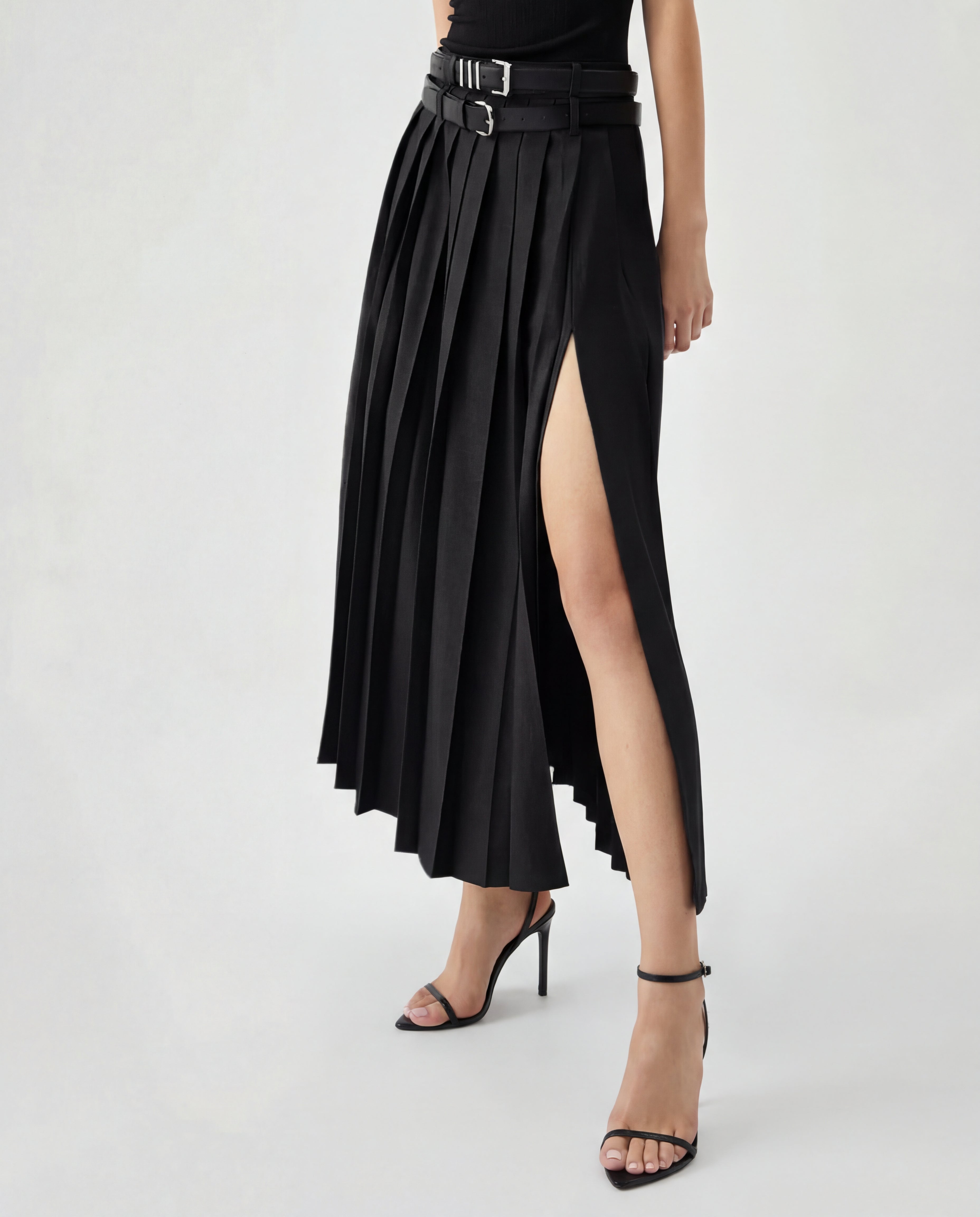 Black Pleated Split Skirt With Two Detachable Belts – Oyela