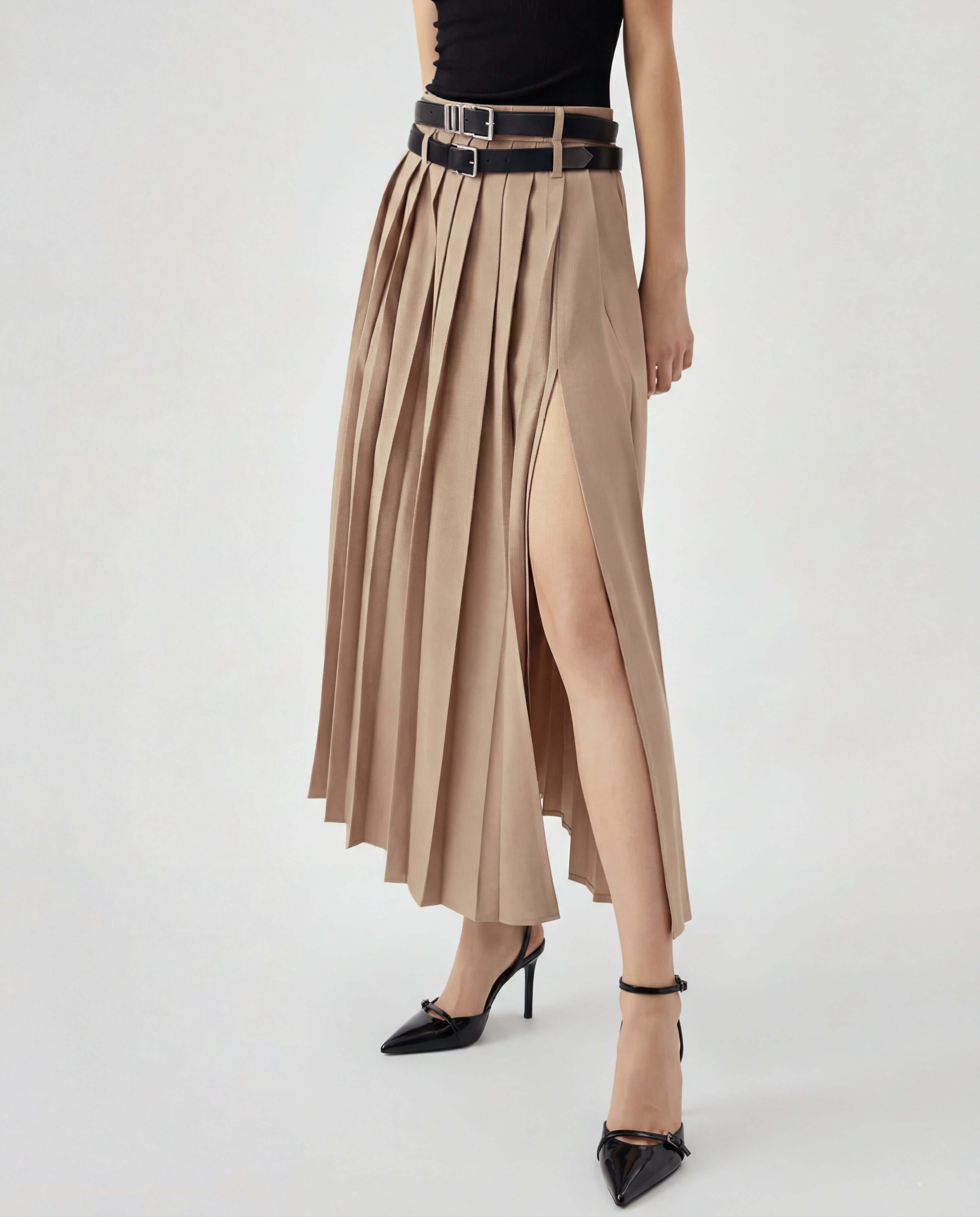 Beige Pleated Split Skirt With Two Detachable Belts – Oyela