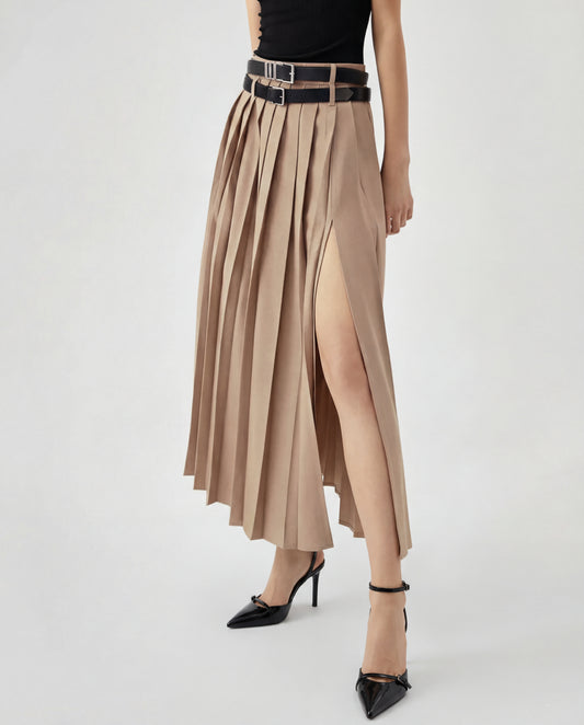 Beige Pleated Split Skirt With Two Detachable Belts