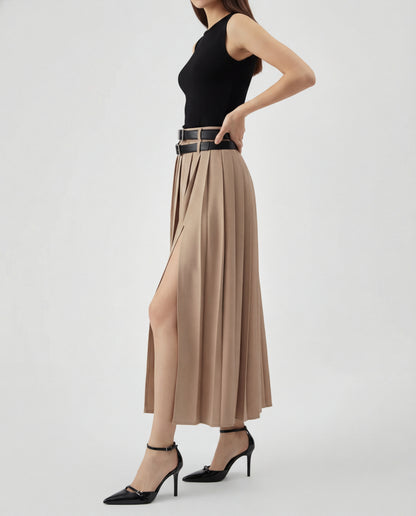 Beige Pleated Split Skirt With Two Detachable Belts