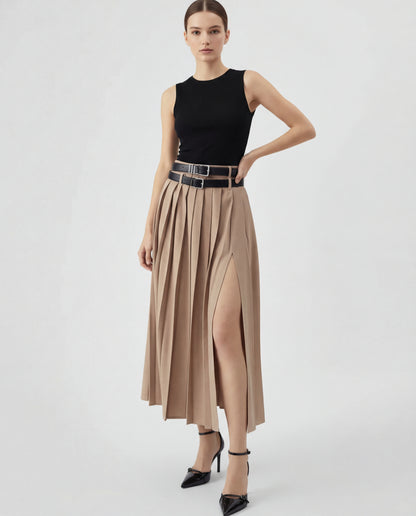 Beige Pleated Split Skirt With Two Detachable Belts