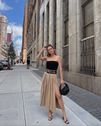 Beige Pleated Split Skirt With Two Detachable Belts