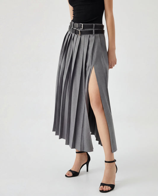 Grey Pleated Split Skirt With Two Detachable Belts