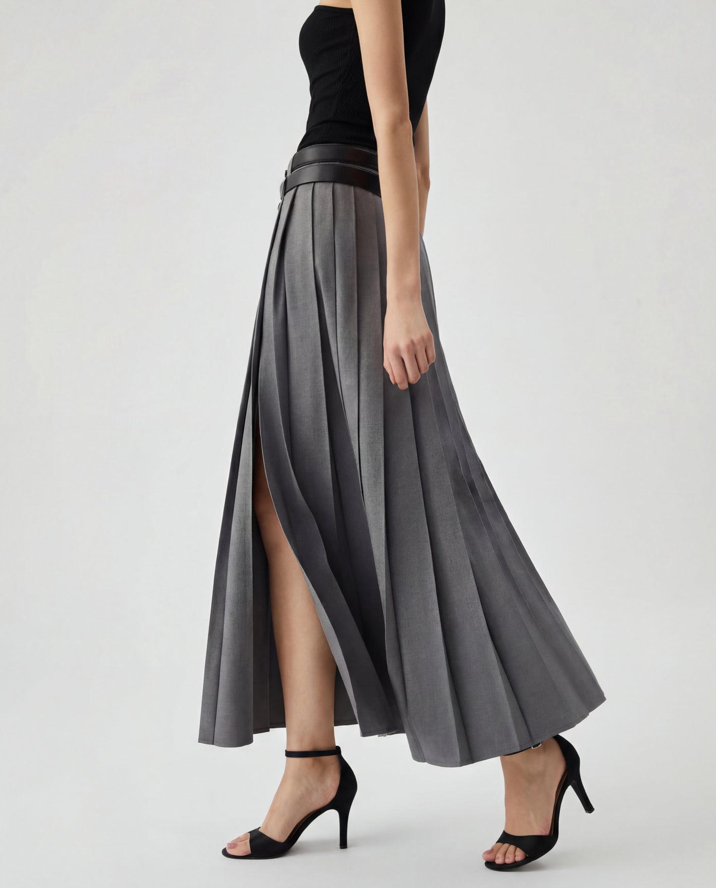 Grey Pleated Split Skirt With Two Detachable Belts
