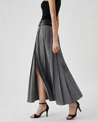 Grey Pleated Split Skirt With Two Detachable Belts