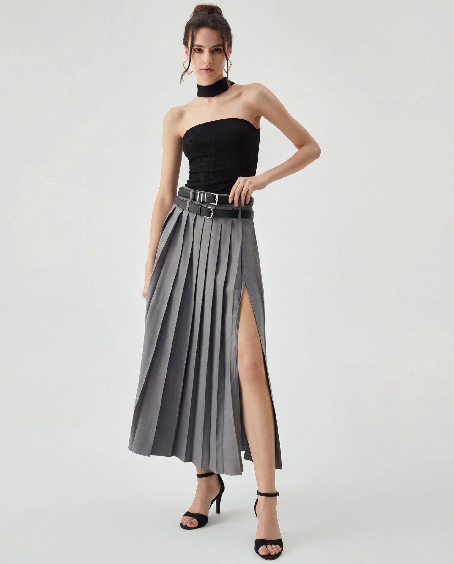Grey Pleated Split Skirt With Two Detachable Belts