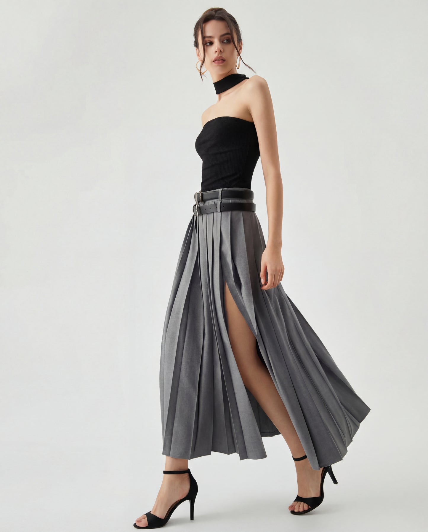 Grey Pleated Split Skirt With Two Detachable Belts