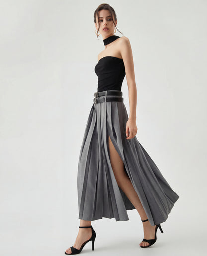 Grey Pleated Split Skirt With Two Detachable Belts