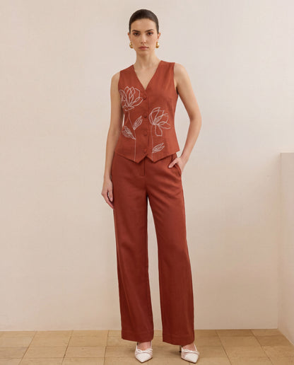 Floral Embroidery Top & Pants Co-Ord Set - Brown