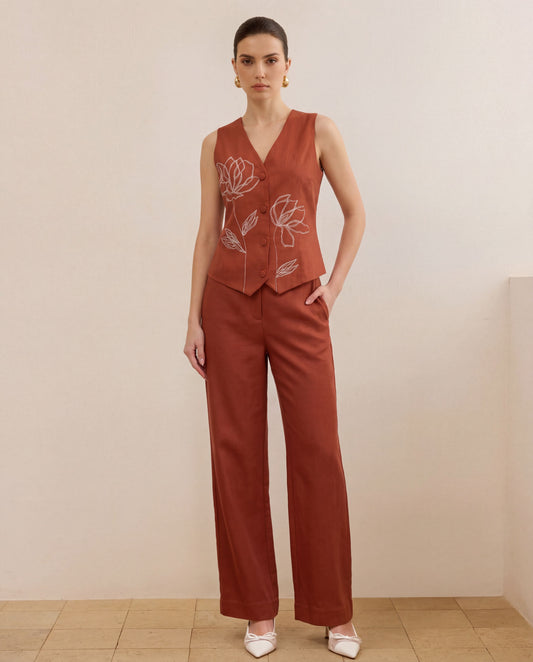 Floral Embroidery Top & Pants Co-Ord Set - Brown