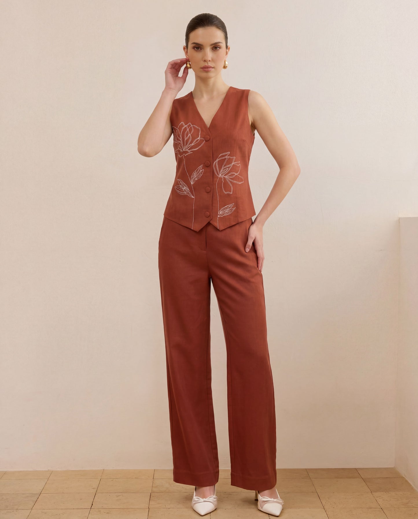 Floral Embroidery Top & Pants Co-Ord Set - Brown