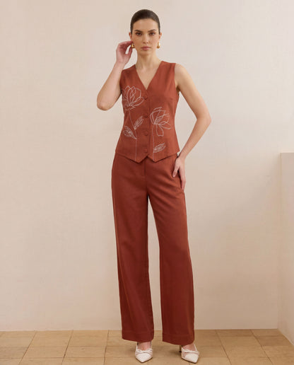 Floral Embroidery Top & Pants Co-Ord Set - Brown