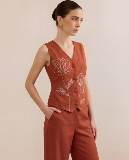 Floral Embroidery Top & Pants Co-Ord Set - Brown