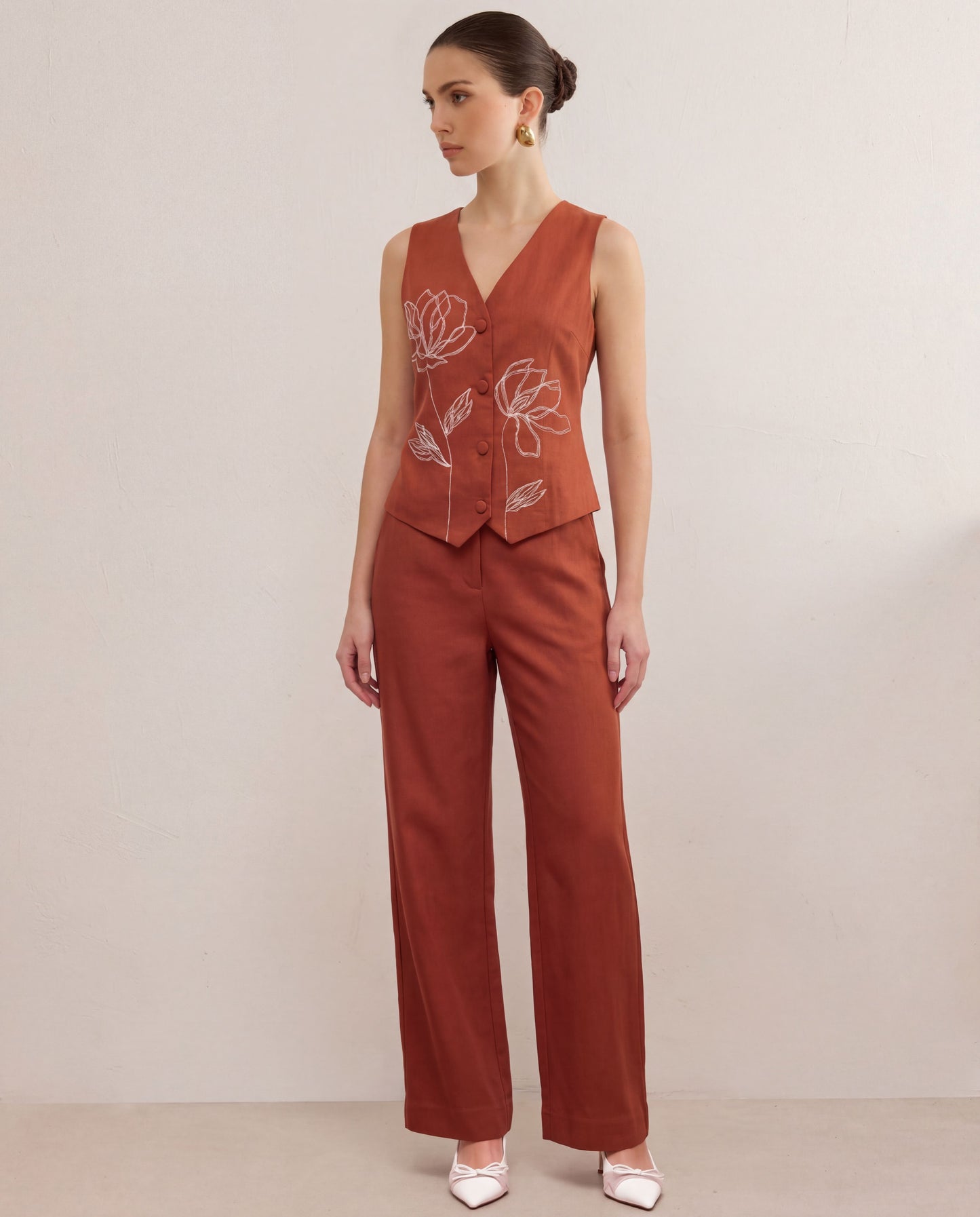 Floral Embroidery Top & Pants Co-Ord Set - Brown