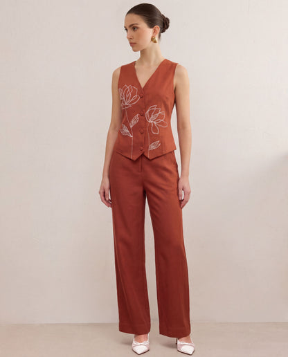 Floral Embroidery Top & Pants Co-Ord Set - Brown