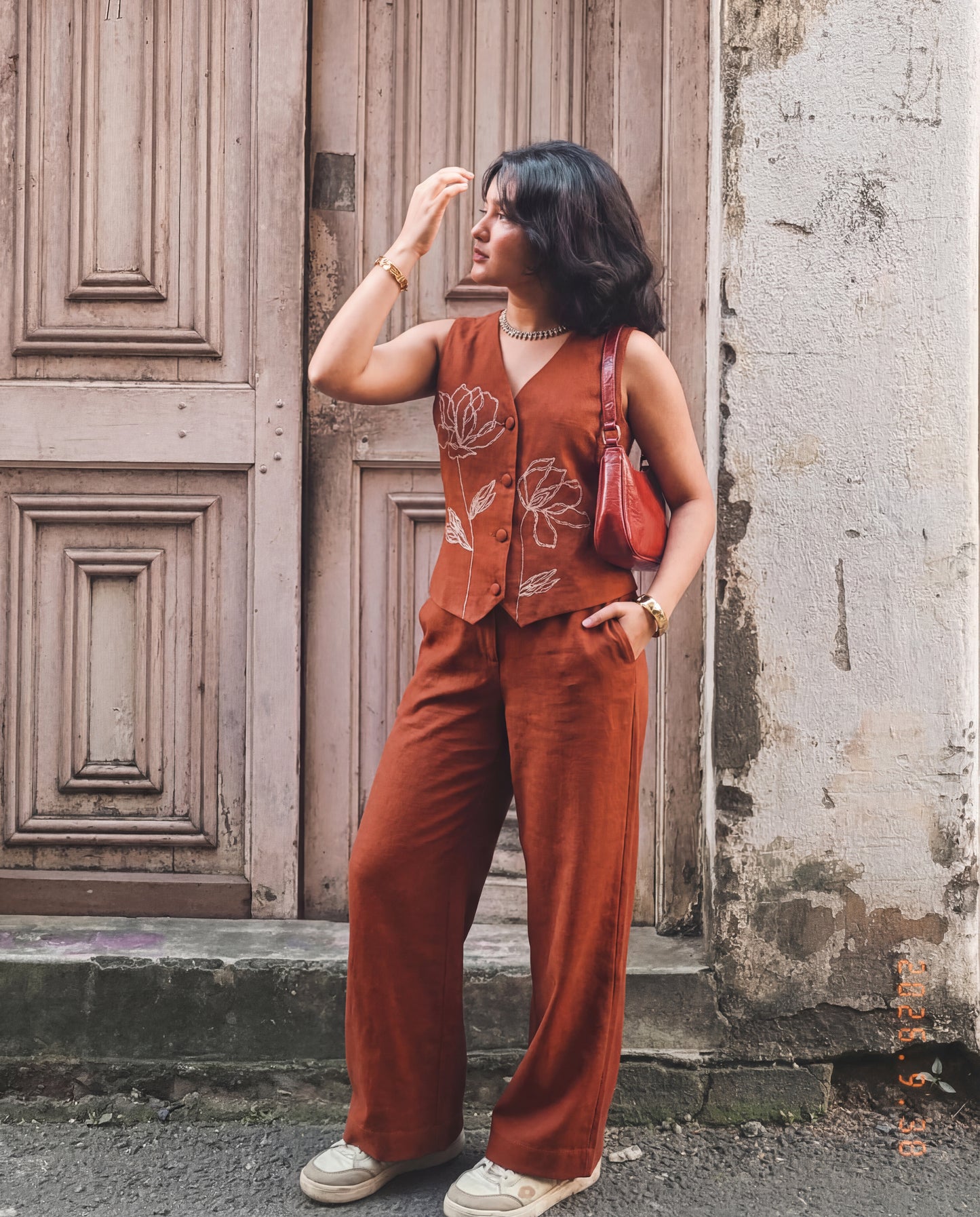 Floral Embroidery Top & Pants Co-Ord Set - Brown