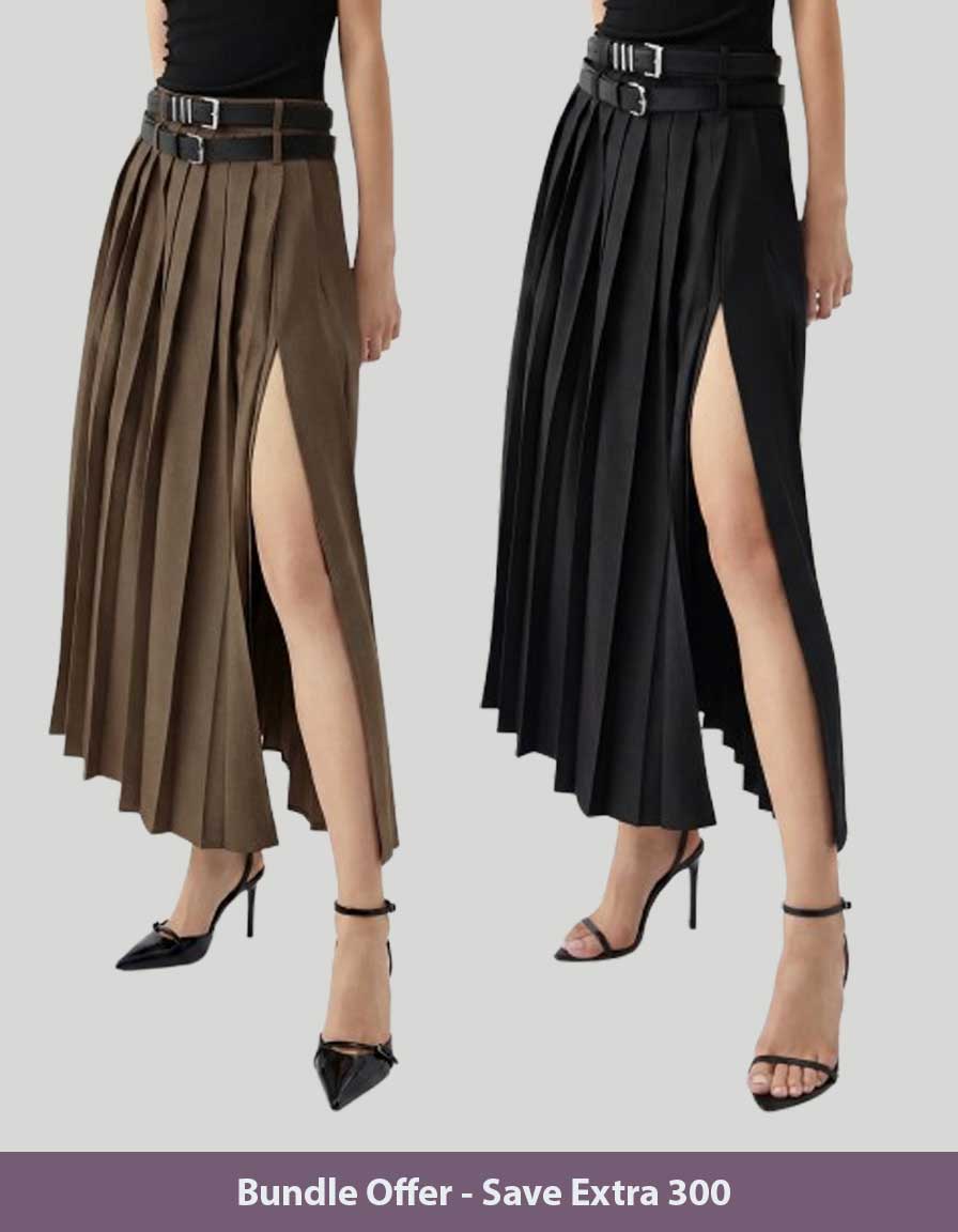 Set Of Two Pleated Split Skirts With Detachable Belts