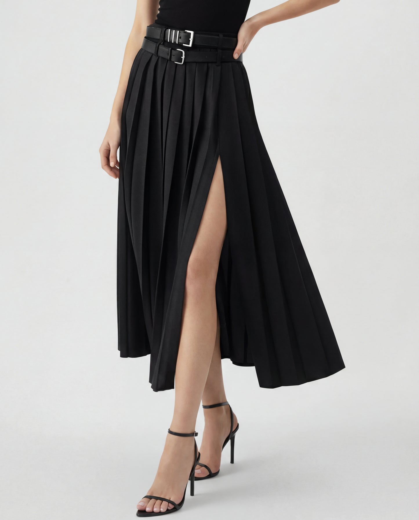 Set Of Two Pleated Split Skirts With Detachable Belts