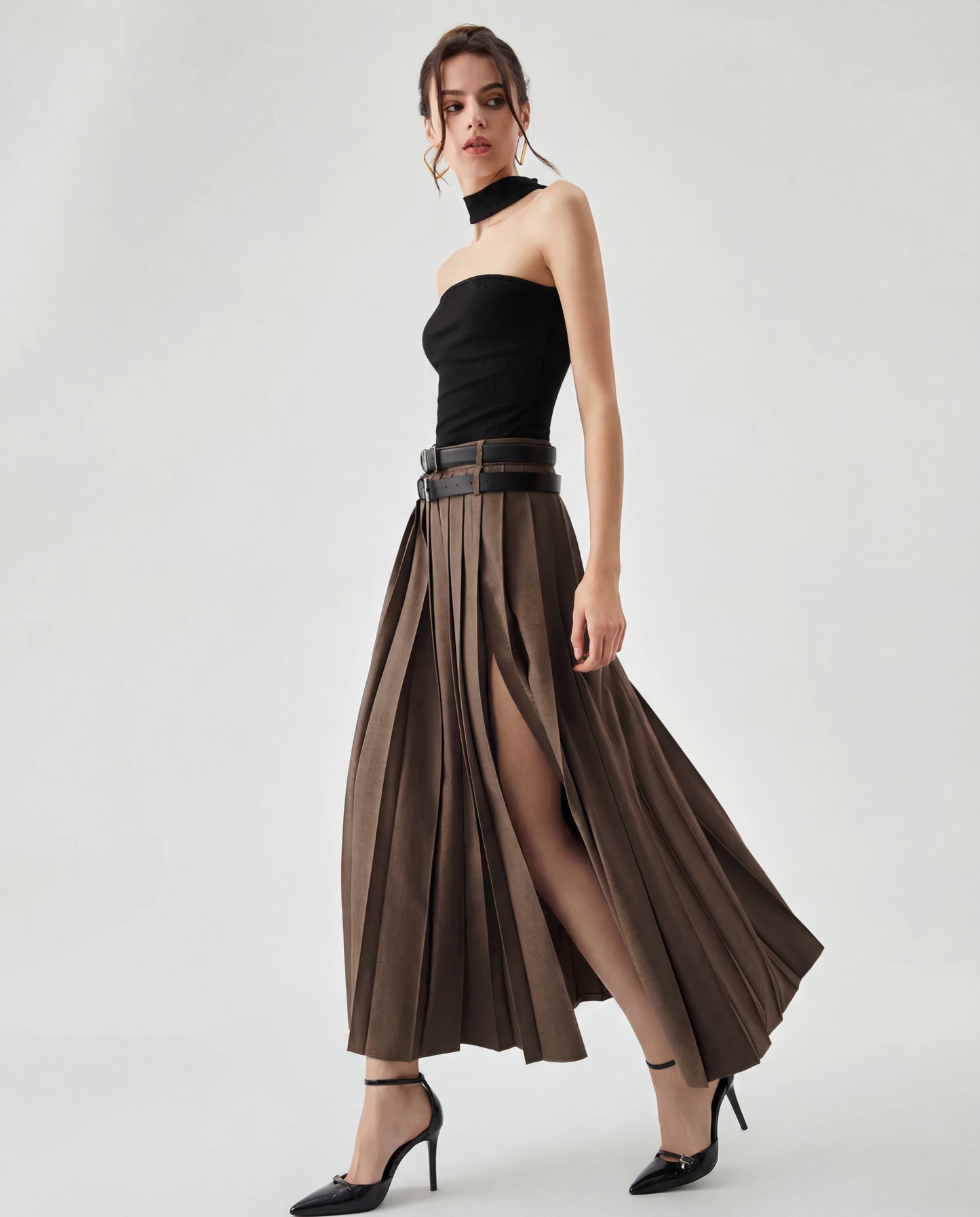 Set Of Two Pleated Split Skirts With Detachable Belts