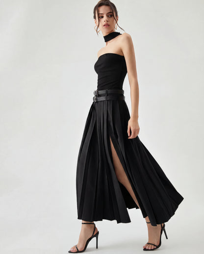 Set Of Two Pleated Split Skirts With Detachable Belts
