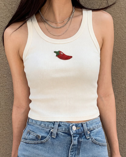Chili Pepper Beaded Rib Tank - White